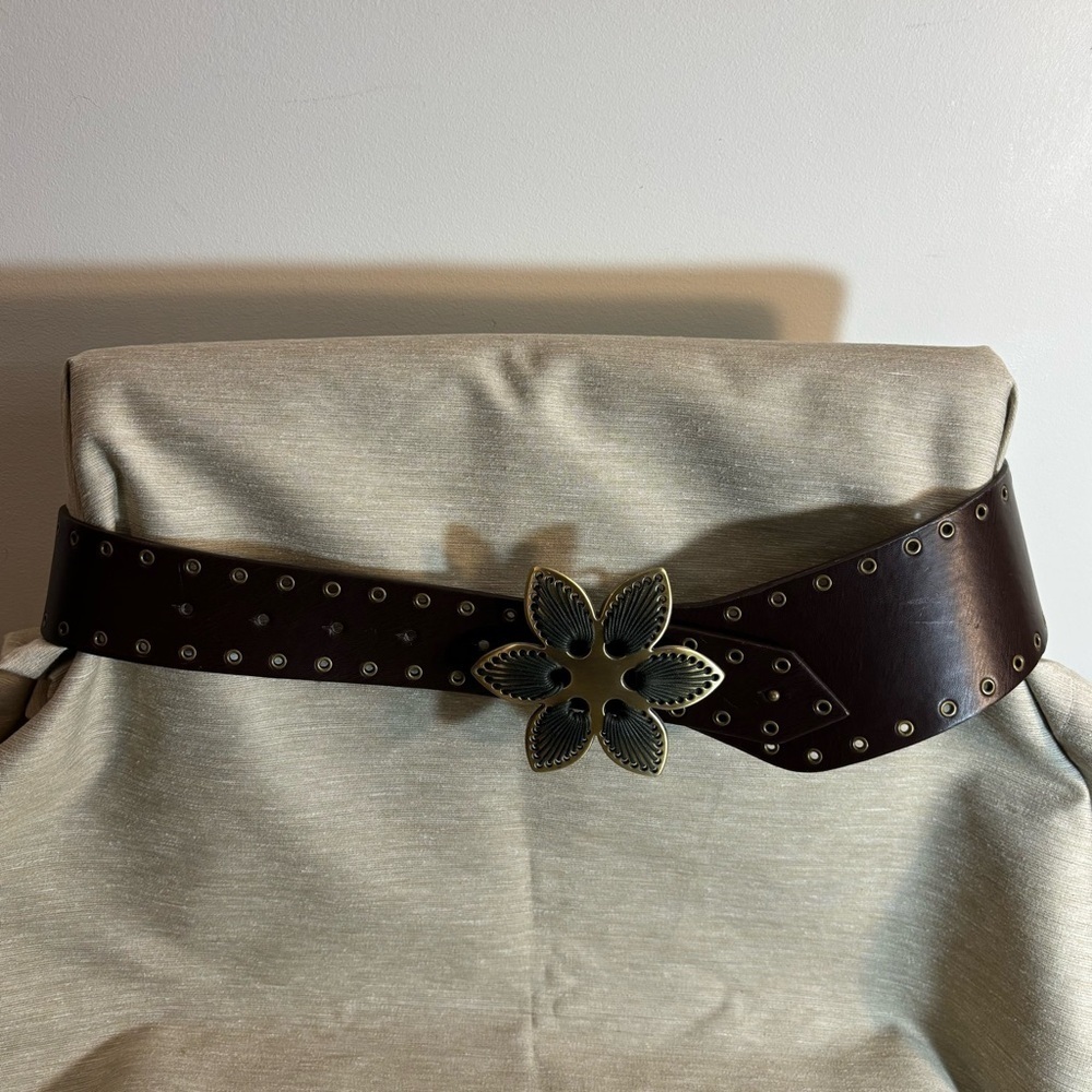 Brown Leather Belt with Floral Buckle with Eyelets Tapering With Hook Closure
